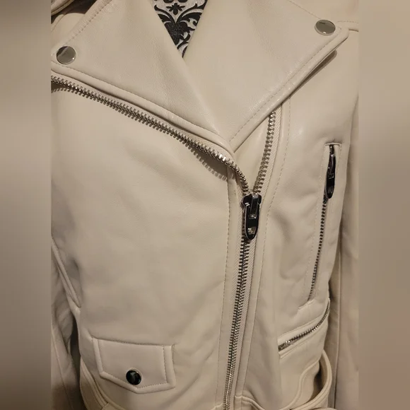 Zara Basic Cream Faux Leather Moto Jacket Sz Med - Picture 2 of 7